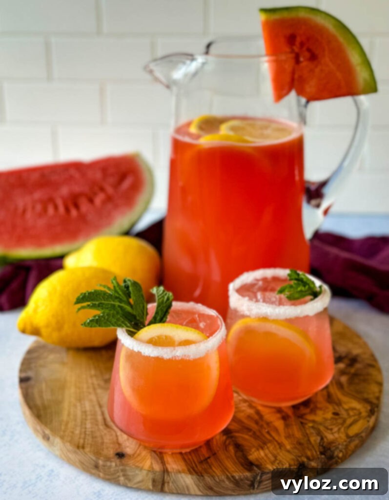 Two glasses of watermelon lemonade, a pitcher, and fresh watermelon and lemons, presented as an inviting visual for a homemade summer drink.