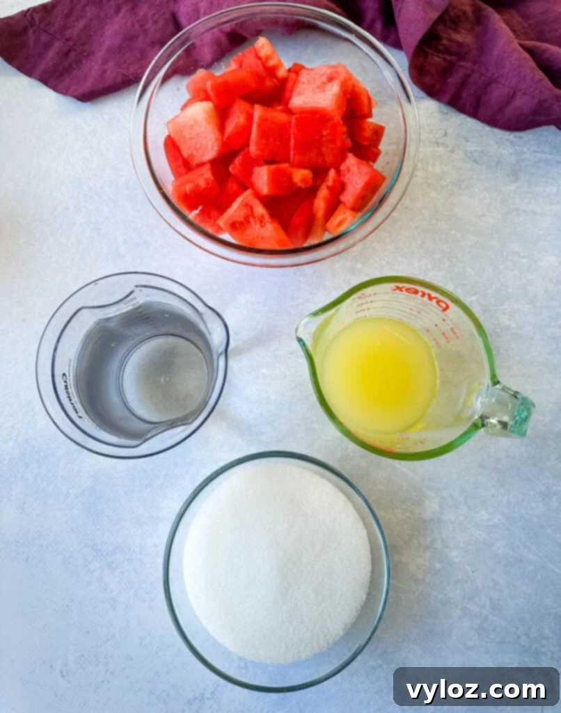 Cubed fresh watermelon, freshly squeezed lemon juice, a bowl of sweetener, and a glass of water, illustrating the simple, wholesome ingredients required for this refreshing lemonade recipe.