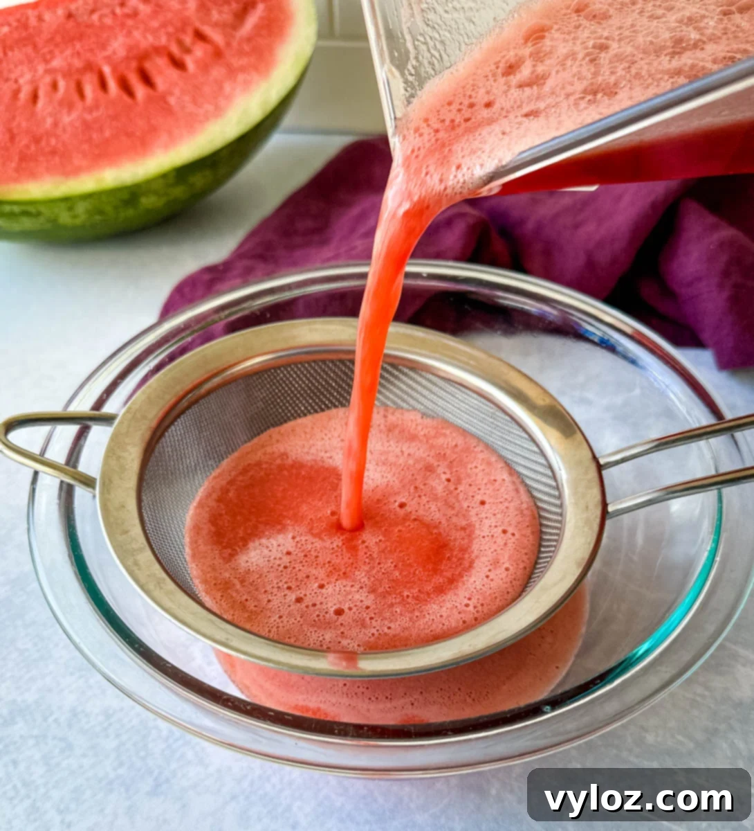 Pureed watermelon being carefully poured through a fine-mesh strainer into a glass bowl, illustrating the essential step of separating the smooth juice from any pulp or seeds.