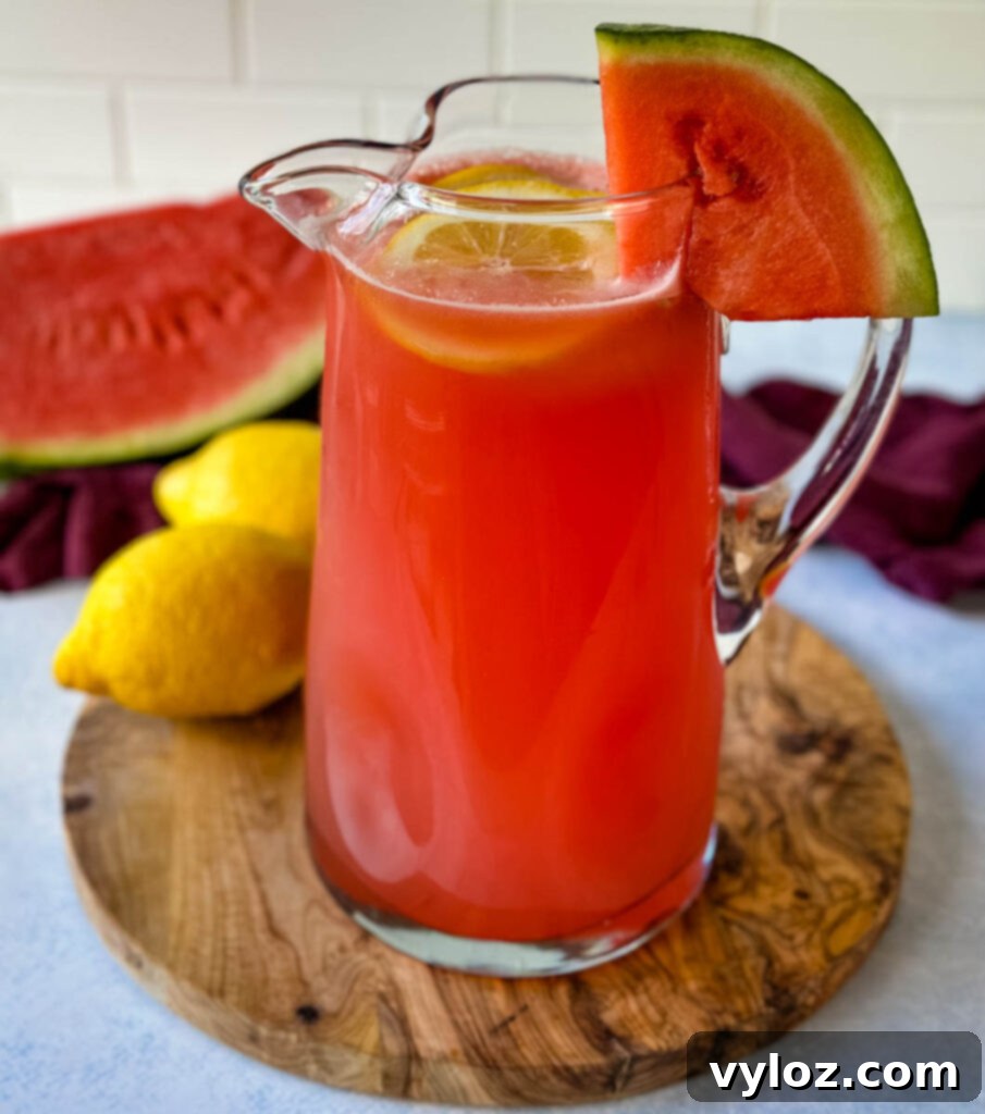 A pitcher of vibrant watermelon lemonade, garnished with fresh watermelon slices and lemon wedges, ready to be served on a sunny day.
