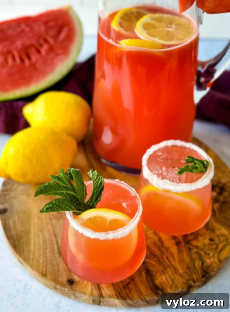 Glasses of refreshing watermelon lemonade alongside a pitcher, adorned with fresh watermelon and lemons, inviting you to enjoy a cool drink.
