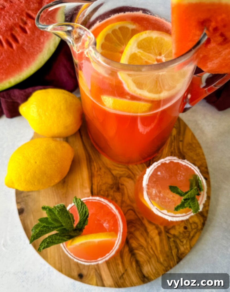 A vibrant pitcher of watermelon lemonade surrounded by glasses, fresh watermelon slices, and lemon wedges, perfectly capturing the essence of summer refreshment.