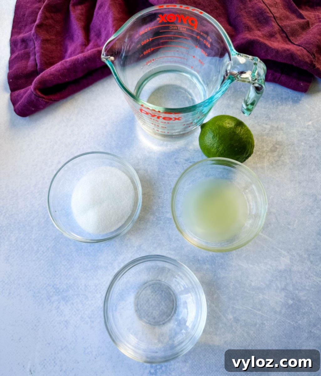 Watermelon Slush Margarita 4 Individual bowls containing water, sweetener, fresh lime juice, and tequila, neatly arranged for the recipe