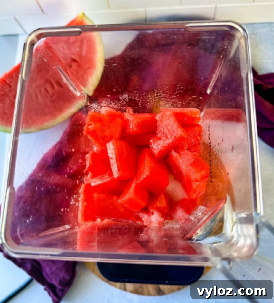 Watermelon Slush Margarita 5 Fresh watermelon chunks being added to a blender, ready for margarita preparation