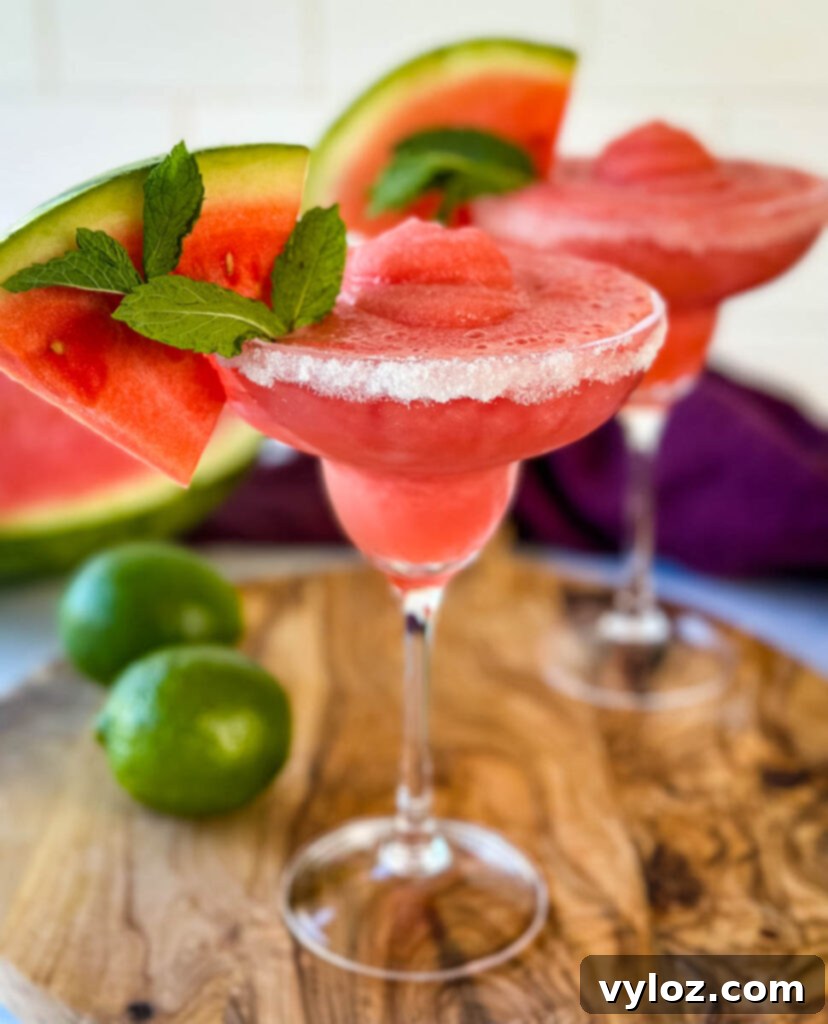 Watermelon Slush Margarita 8 Two vibrant frozen watermelon margaritas in perfectly sugar-rimmed glasses, garnished with fresh watermelon and lime slices