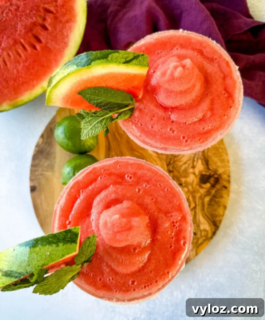 Two frozen watermelon margaritas in sugar-rimmed glasses, garnished with fresh watermelon and lime slices, emphasizing their refreshing appeal