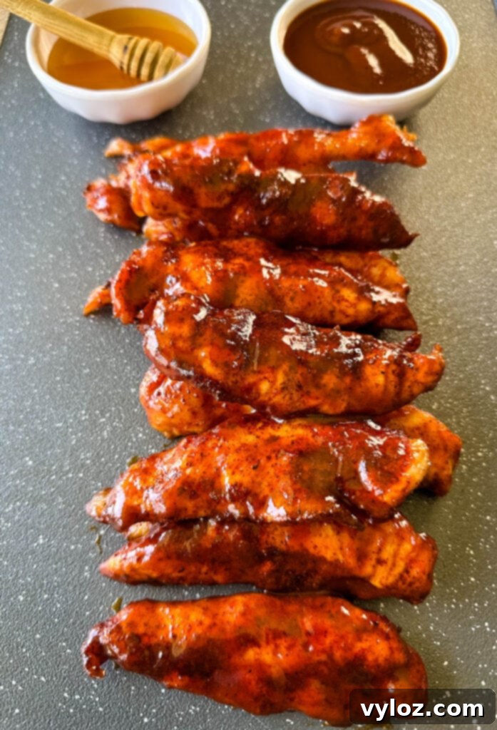 smoked chicken tenders drizzled in honey bbq sauce, close-up