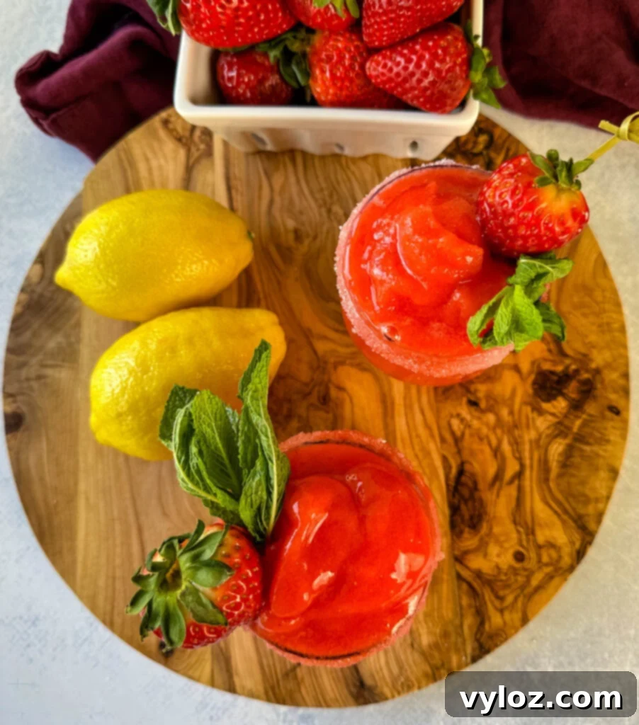 A close-up of a glass of frozen strawberry lemonade, showing its thick texture and vibrant color, with a fresh strawberry garnish.