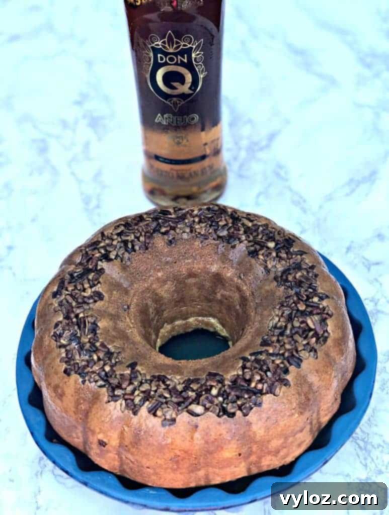 Close-up of the lightened-up Puerto Rican rum cake with a delicious glaze