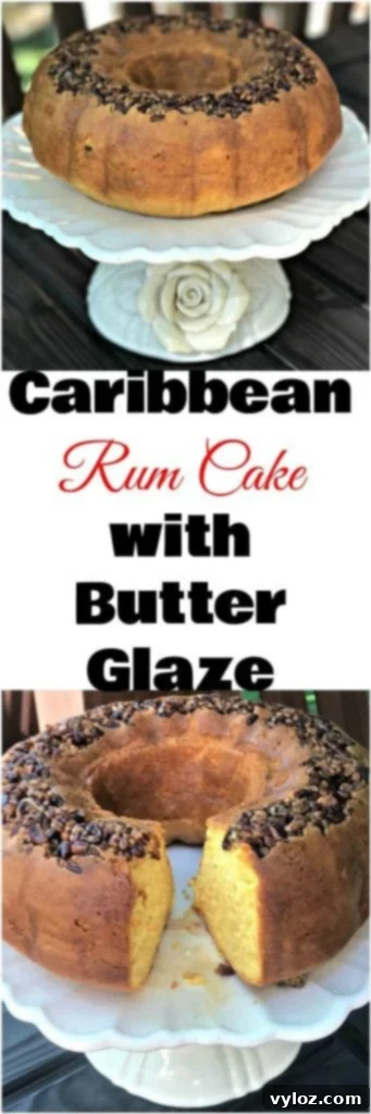 Pinterest pin image of a rum cake with butter glaze