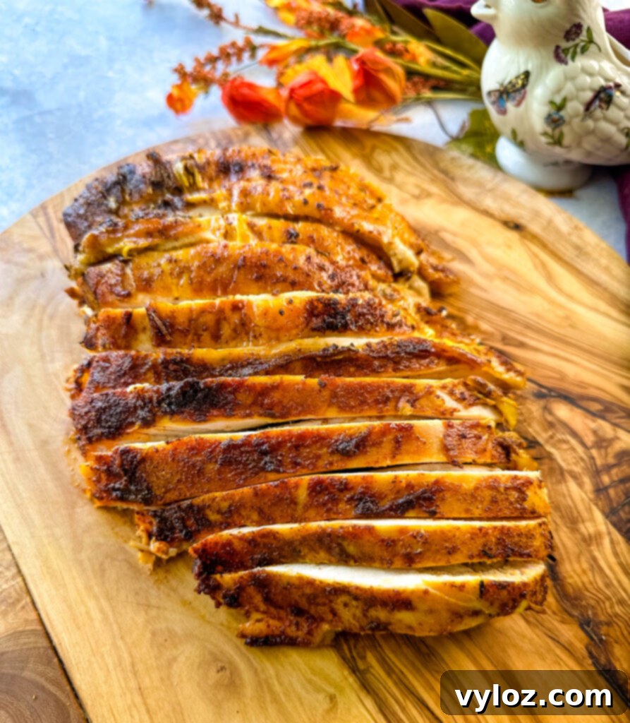 Juicy Bone-In Turkey Breast 11 sliced bone in turkey breast on a wooden cutting board