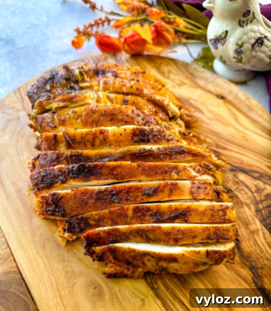 Juicy Bone-In Turkey Breast 12 sliced bone in turkey breast on a wooden cutting board