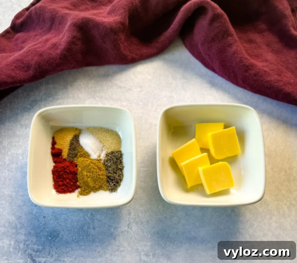 Juicy Bone-In Turkey Breast 4 butter and spices in separate white bowls