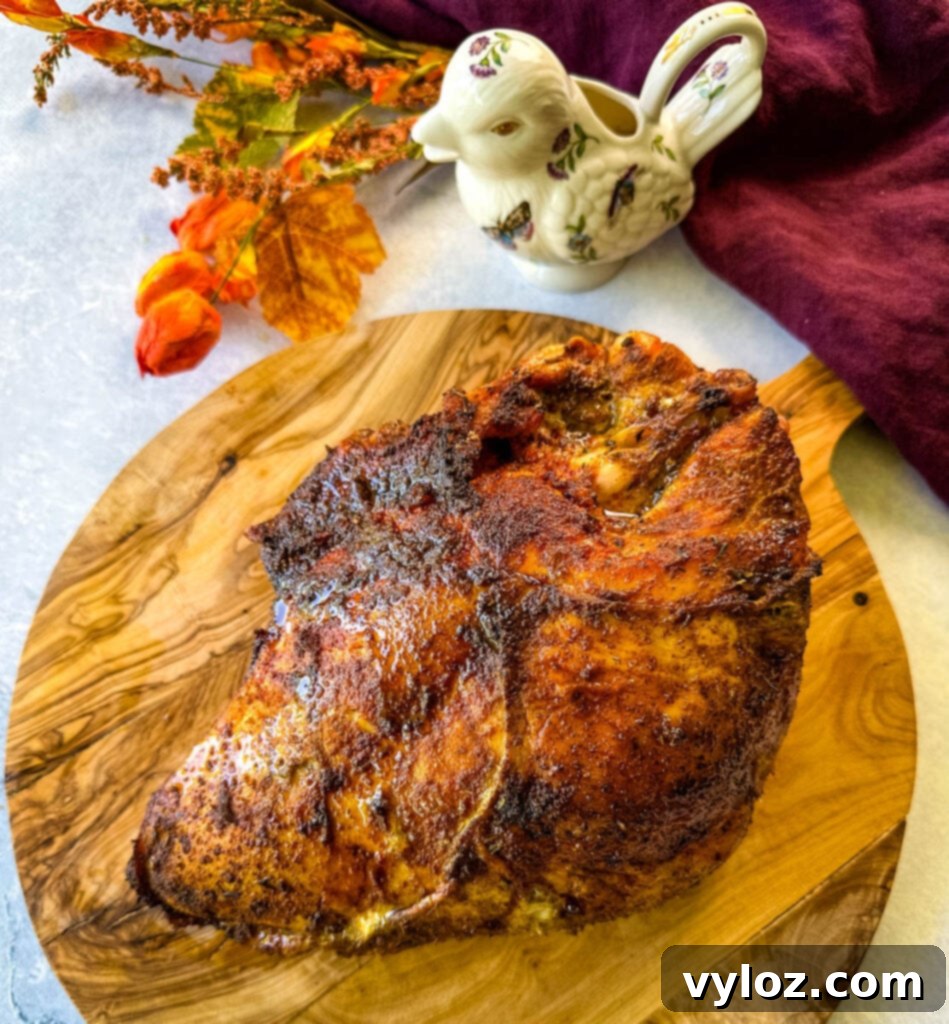 Juicy Bone-In Turkey Breast 8 baked roasted bone in turkey breast on a wooden cutting board