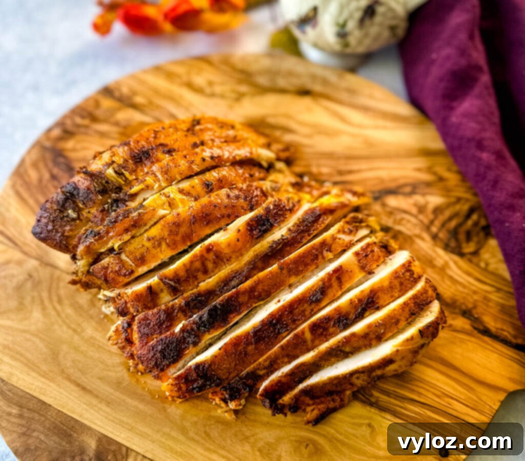 Juicy Bone-In Turkey Breast 10 sliced bone in turkey breast on a wooden cutting board