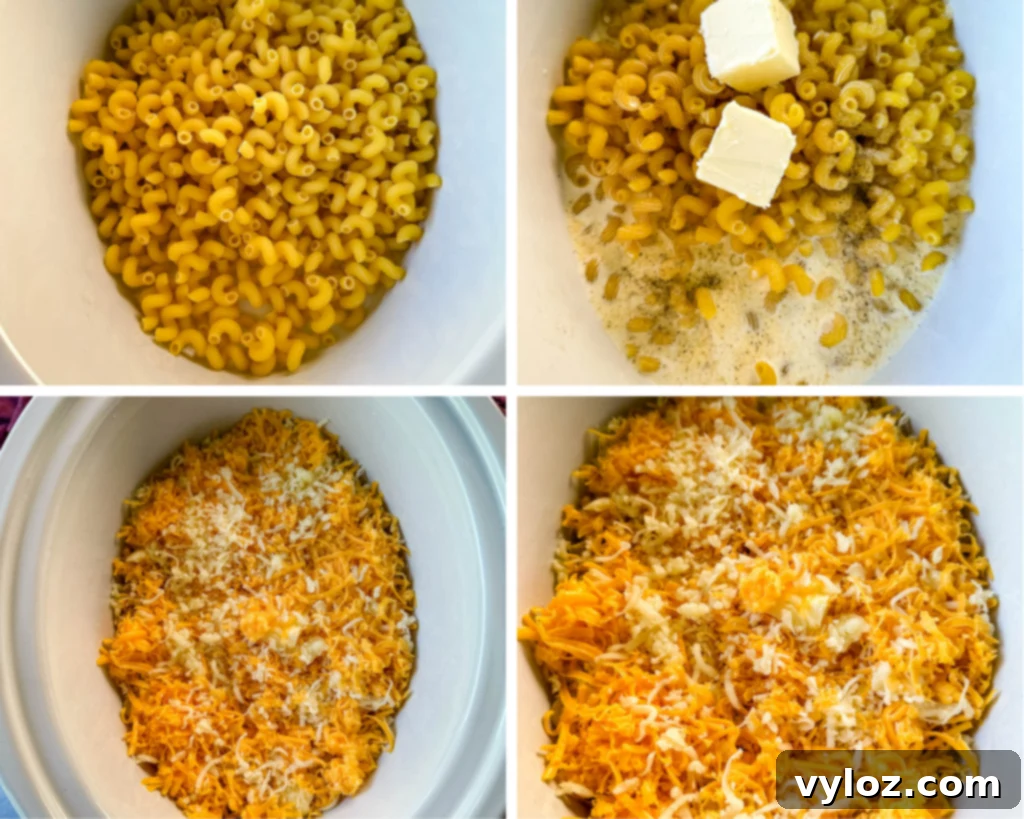 Effortless Crockpot Mac and Cheese 6 collage of 4 photos with uncooked mac and cheese in a white Crockpot slow cooker