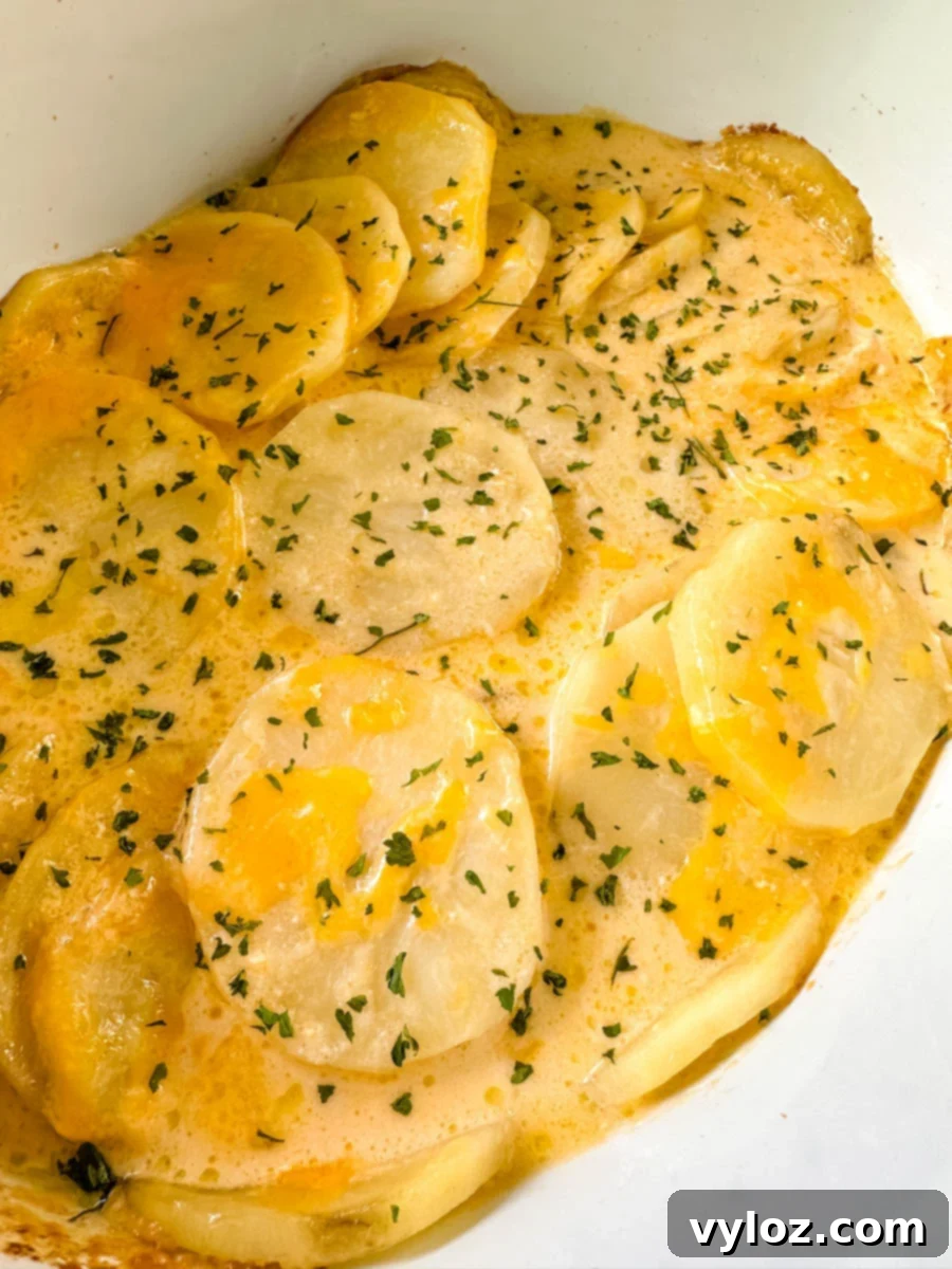 slow cooker cheesy potatoes in a white Crockpot with chives