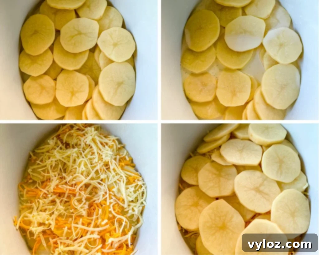 collage photo of uncooked slow cooker cheesy potatoes in a white Crockpot