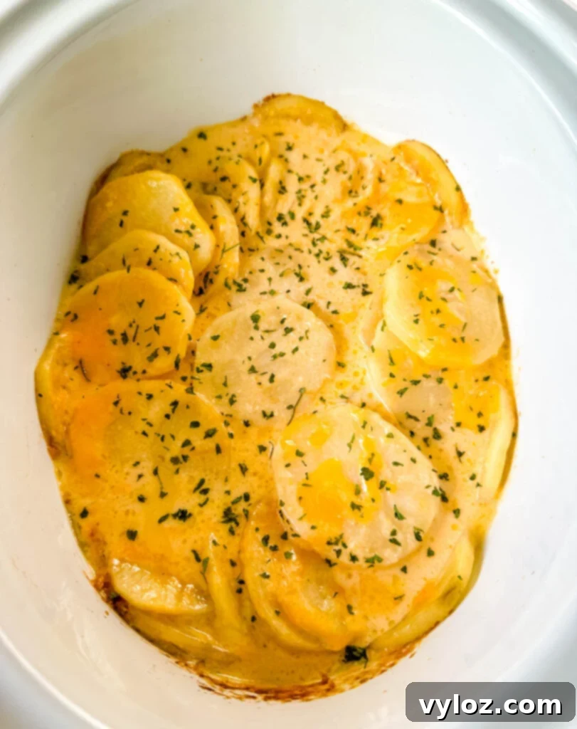 slow cooker cheesy potatoes in a white Crockpot with chives