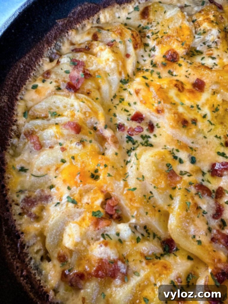 Decadent Bacon and Cheese Potato Gratin 13 cheesy bacon potatoes au gratin in a cast iron skillet