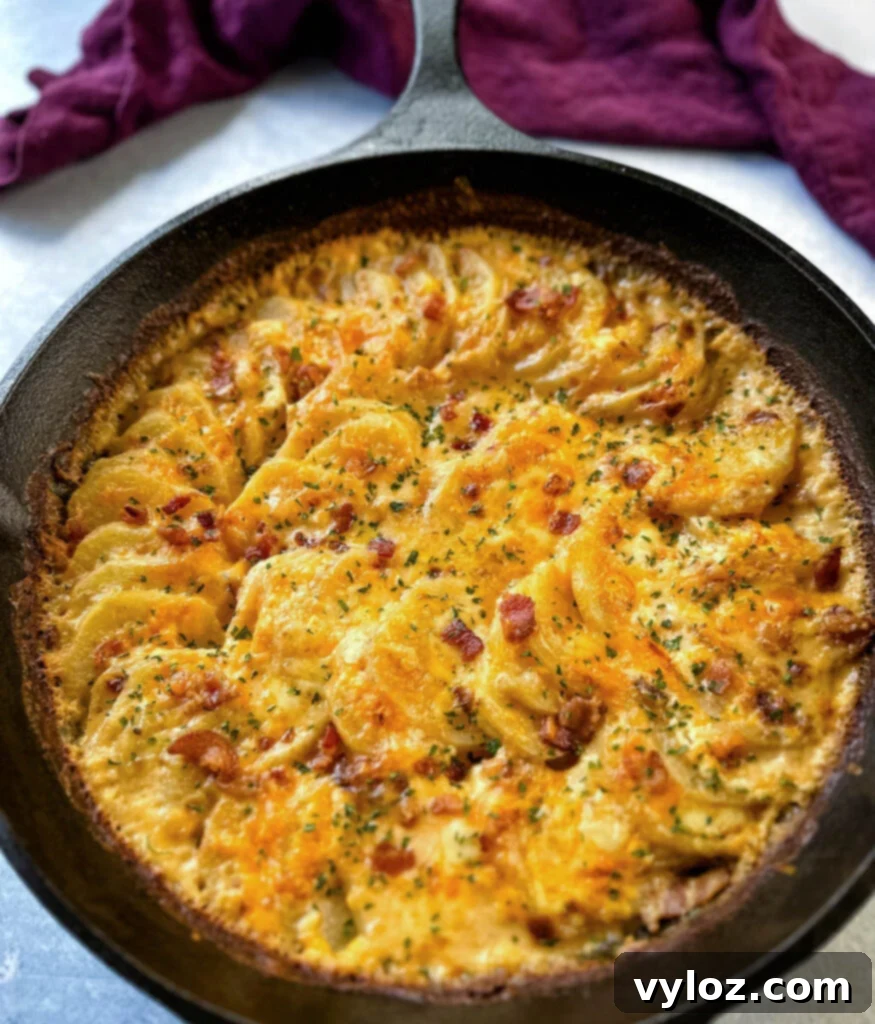 Decadent Bacon and Cheese Potato Gratin 14 cheesy bacon potatoes au gratin in a cast iron skillet