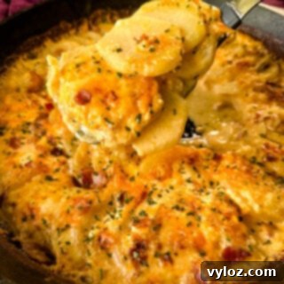Decadent Bacon and Cheese Potato Gratin 16 a spoonful of cheesy au gratin potatoes with bacon in a cast iron skillet