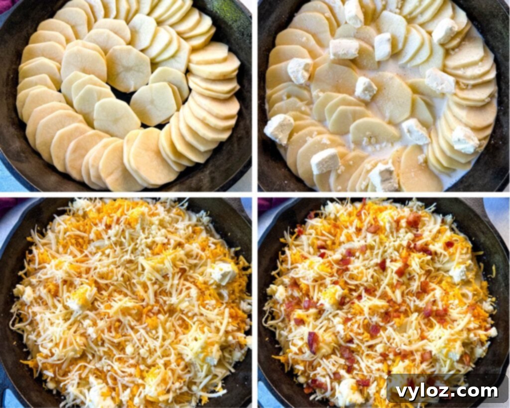 Decadent Bacon and Cheese Potato Gratin 8 collage of 4 photos with sliced potatoes in a cast iron skillet with milk, shredded cheese, and cream cheese