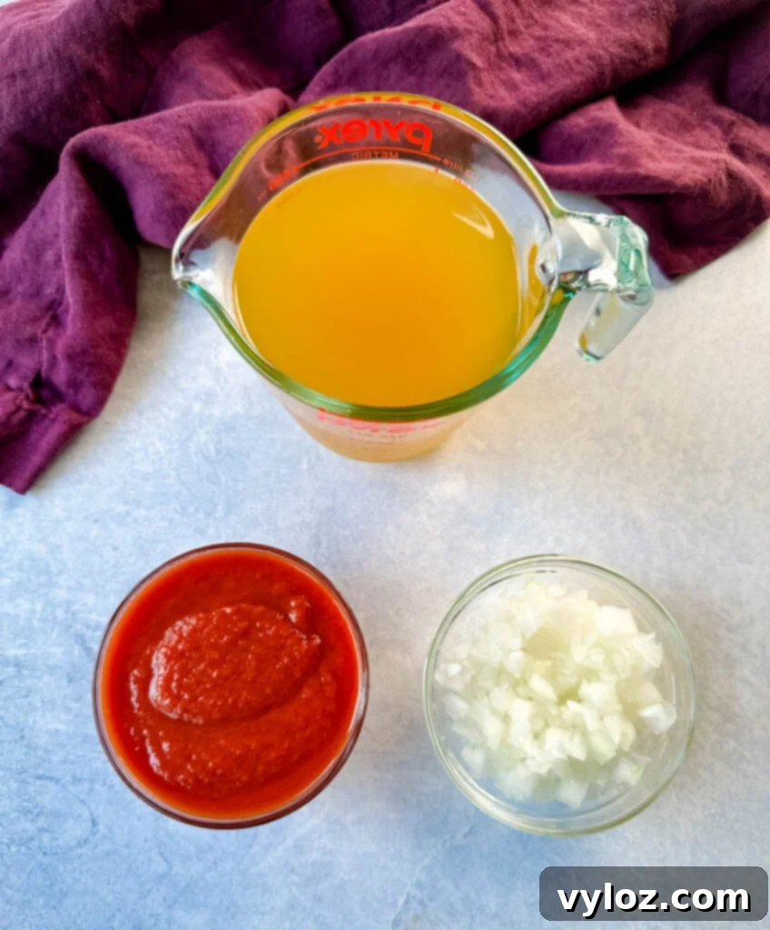 broth, tomato sauce, and diced onions in separate glass bowls