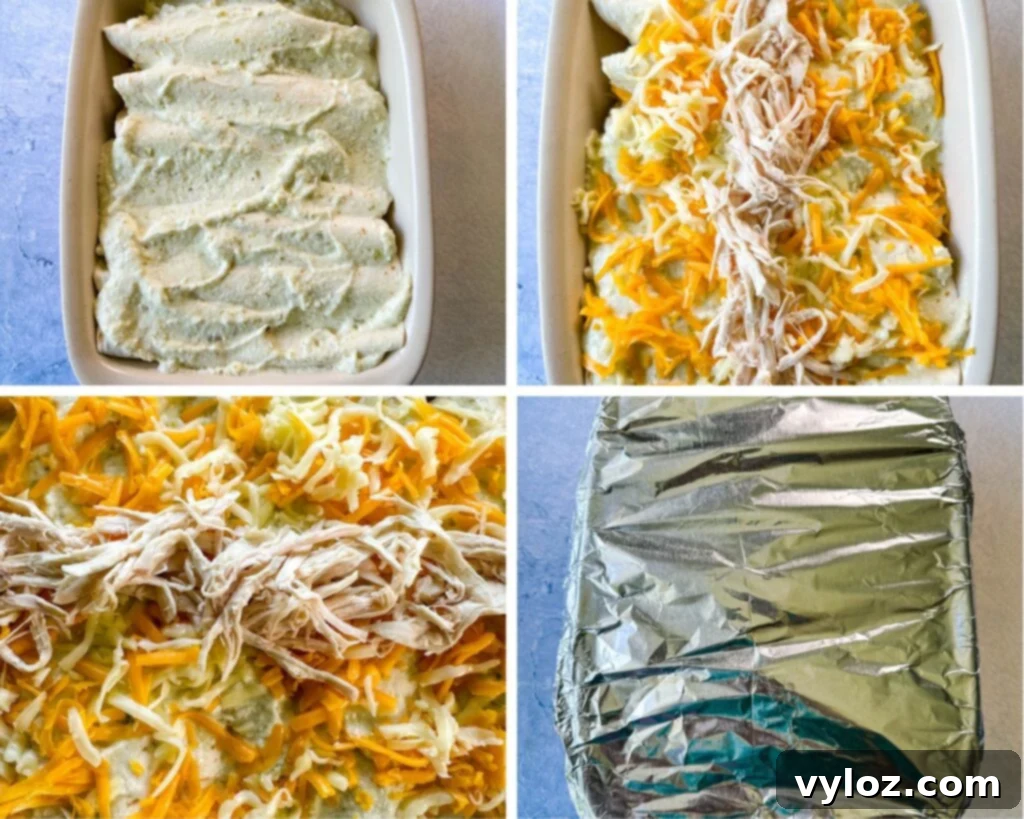 collage of 4 photos with cooked chicken breast, black beans, rotel, and onions in a pan