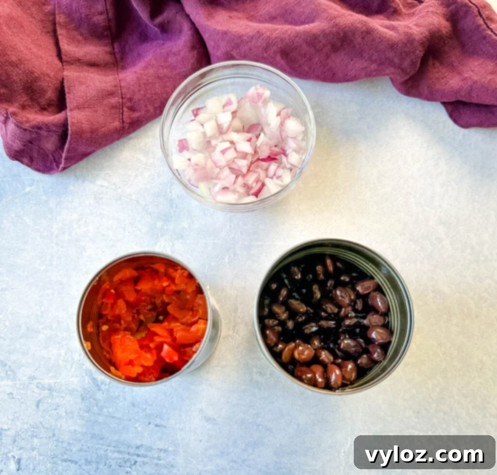 chopped onions, canned rotel diced tomatoes and chilies, and canned black beans