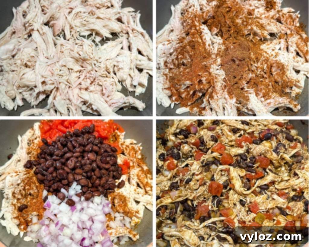 collage of 4 photos with cooked chicken breast, black beans, rotel, and onions in a pan
