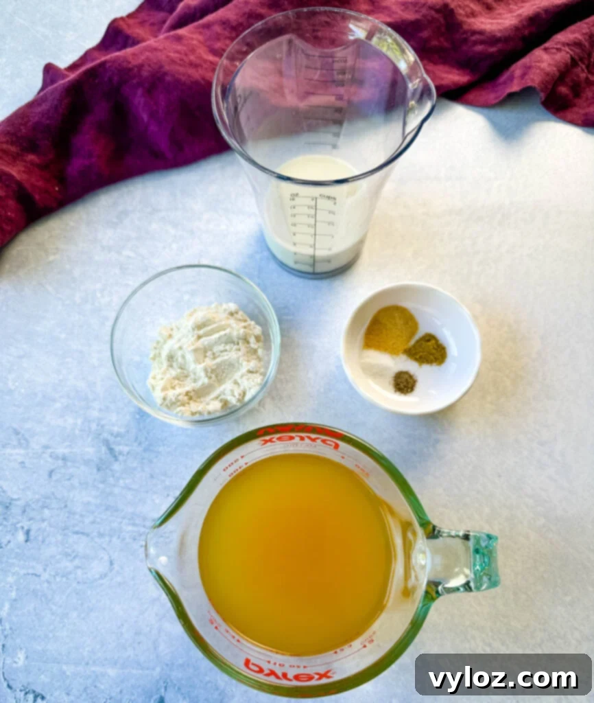 Ingredients for homemade cream of chicken soup laid out: broth, flour, onion powder, garlic powder, poultry seasoning, salt, pepper, and milk