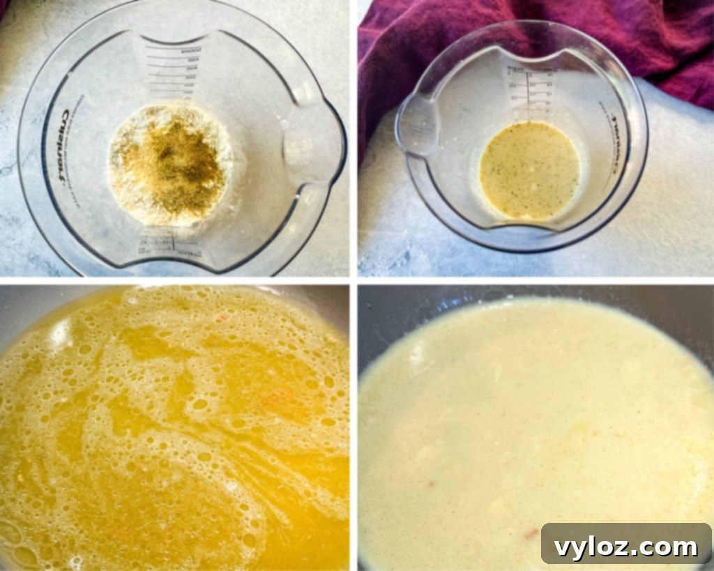 A collage of four photos showing broth and the process of making homemade cream of chicken soup