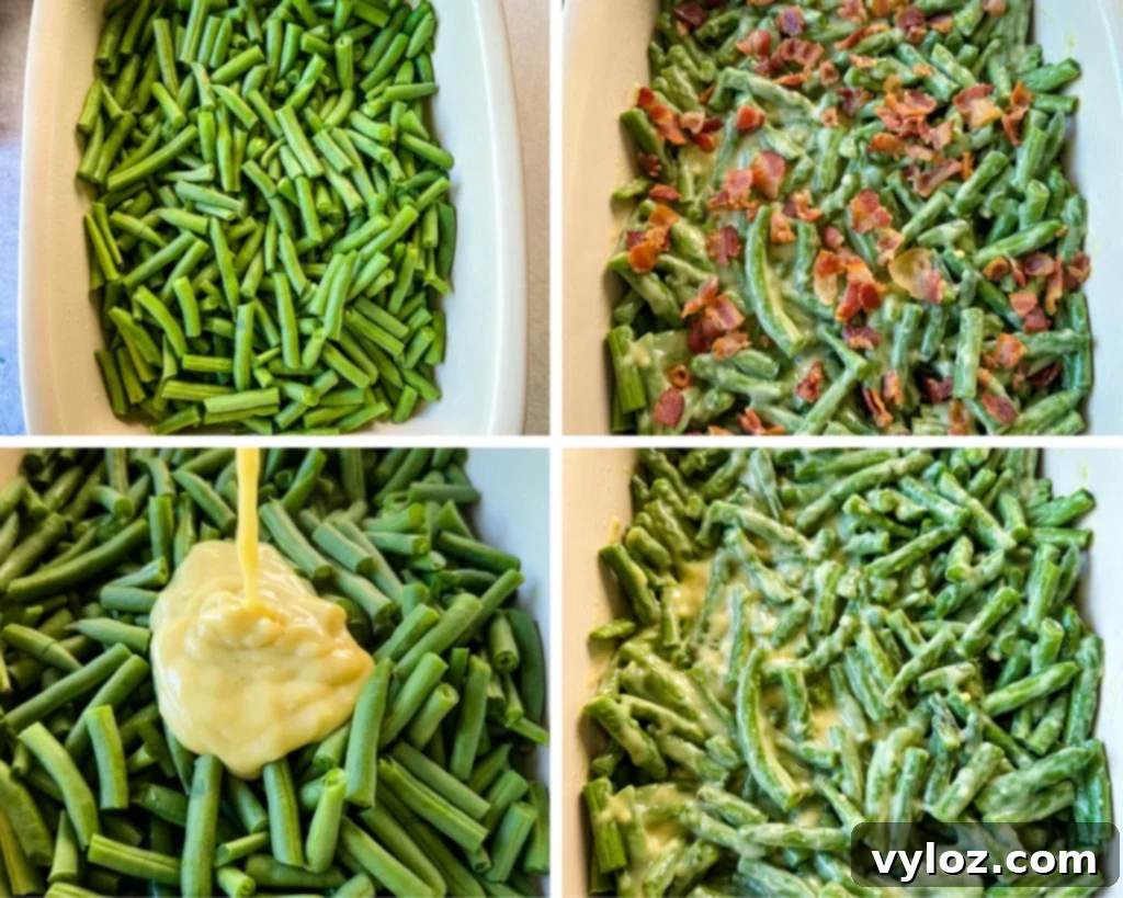 A collage of four photos showcasing the green beans and homemade cream of chicken soup being combined in a baking dish