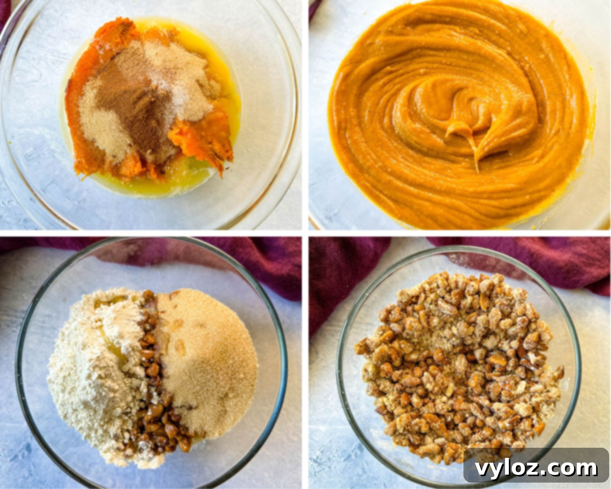 Golden Sweet Potato Pecan Delight 6 A collage of four photos showing the preparation of sweet potato casserole: mashed sweet potatoes, eggs, spices, and the pecan streusel topping in a glass bowl.