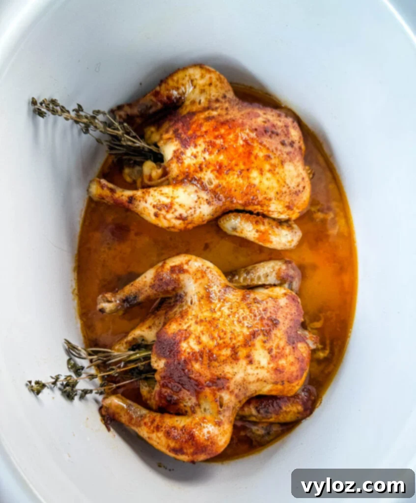 Perfect Slow Cooker Cornish Hens 8 cornish hens in a Crockpot slow cooker with broth and herbs