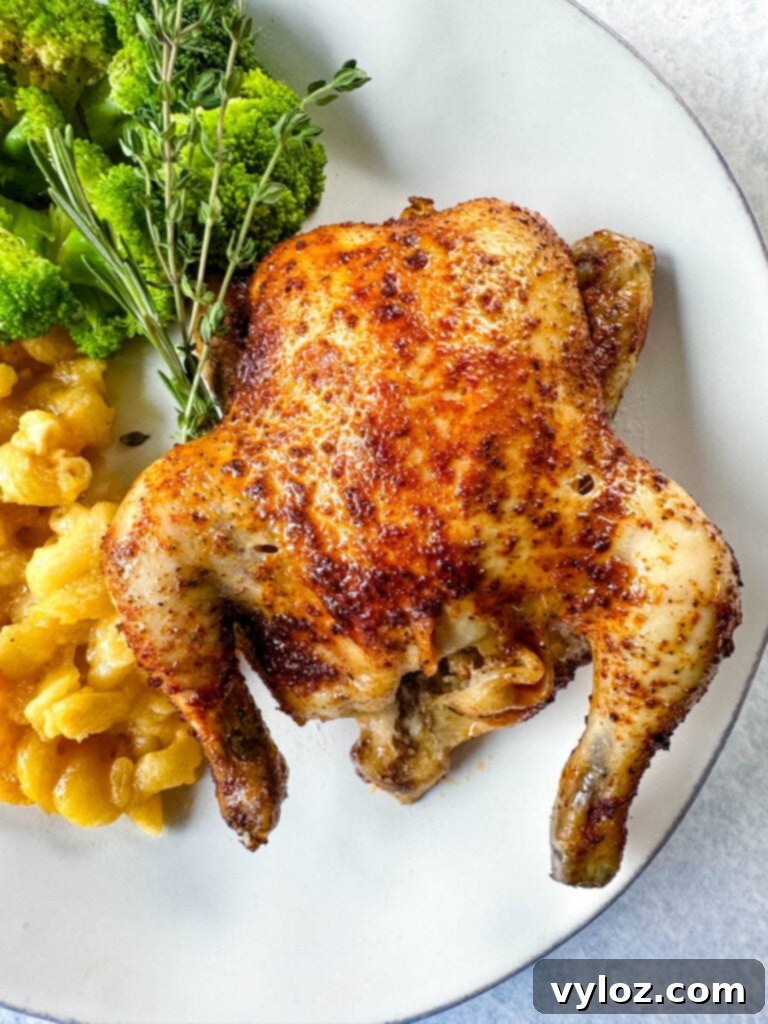 Perfect Slow Cooker Cornish Hens 9 slow cooker Crockpot cornish hen on a plate with mac and cheese and brocooli