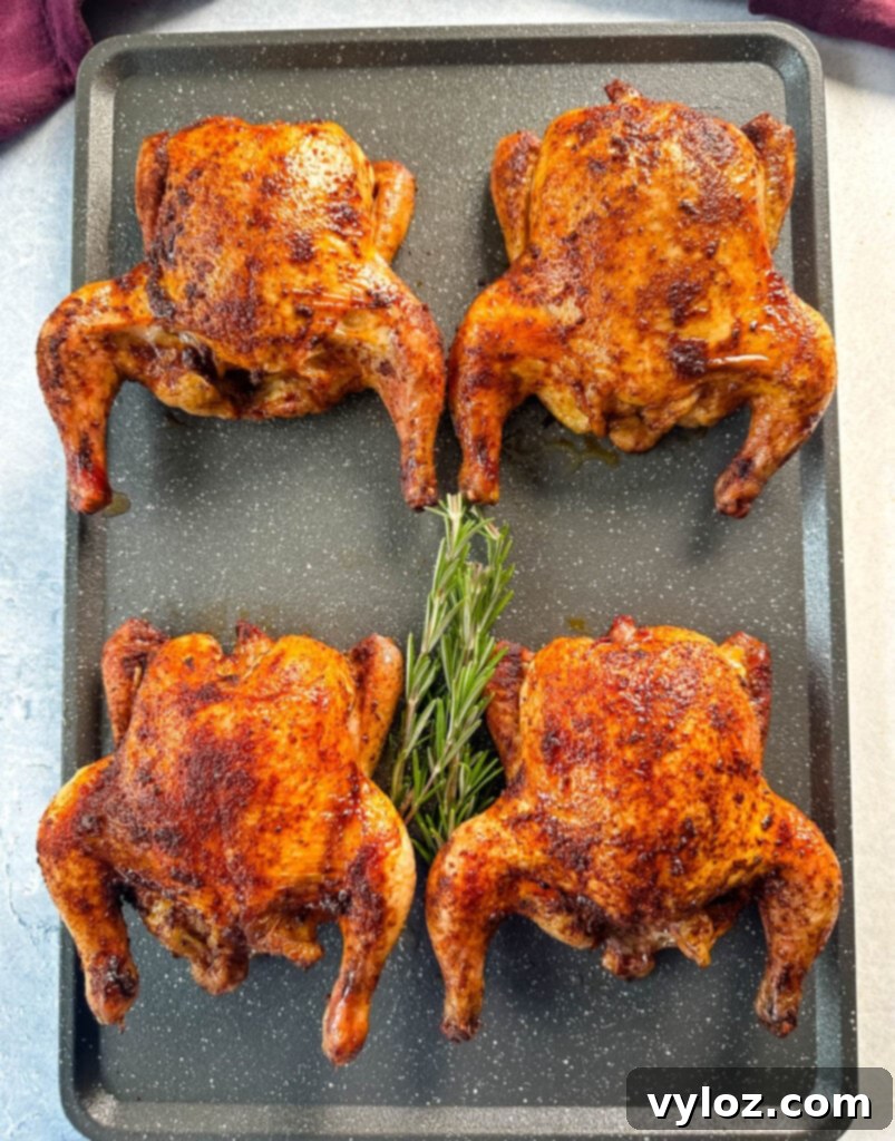 smoked Cornish hens on a sheet pan with fresh herbs