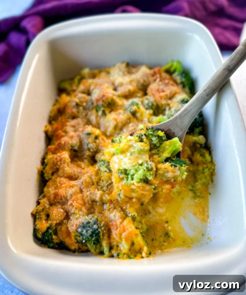 broccoli au gratin with cheese and breadcrumbs in a baking dish