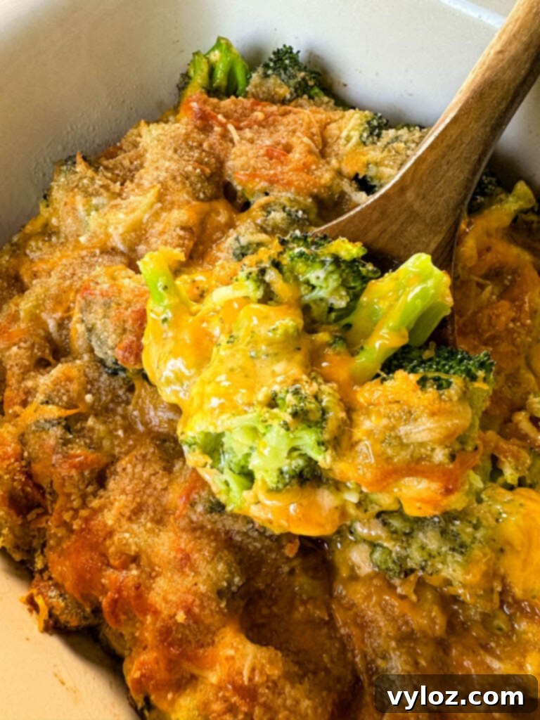broccoli au gratin with cheese and breadcrumbs in a baking dish