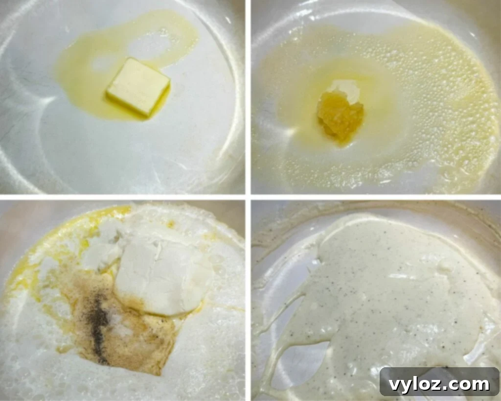 collage of 4 photos with butter, garlic, heavy cream, cream cheese, and spices in a pot for a cream sauce