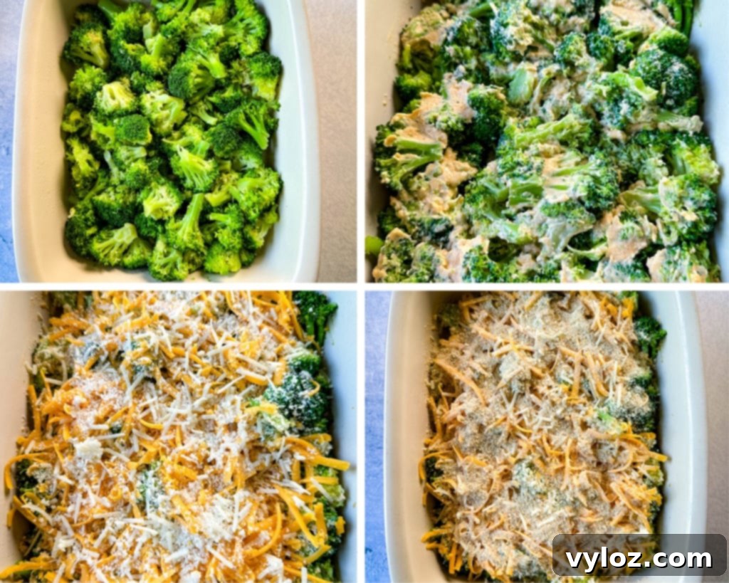 collage of 4 photos with broccoli, cheese, cream sauce, and breadcrumbs in a baking dish