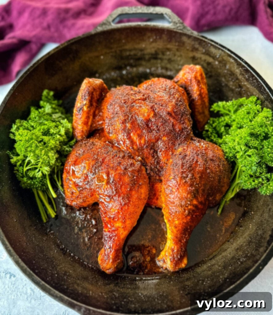baked and roasted Thanksgiving chicken in a cast iron skillet