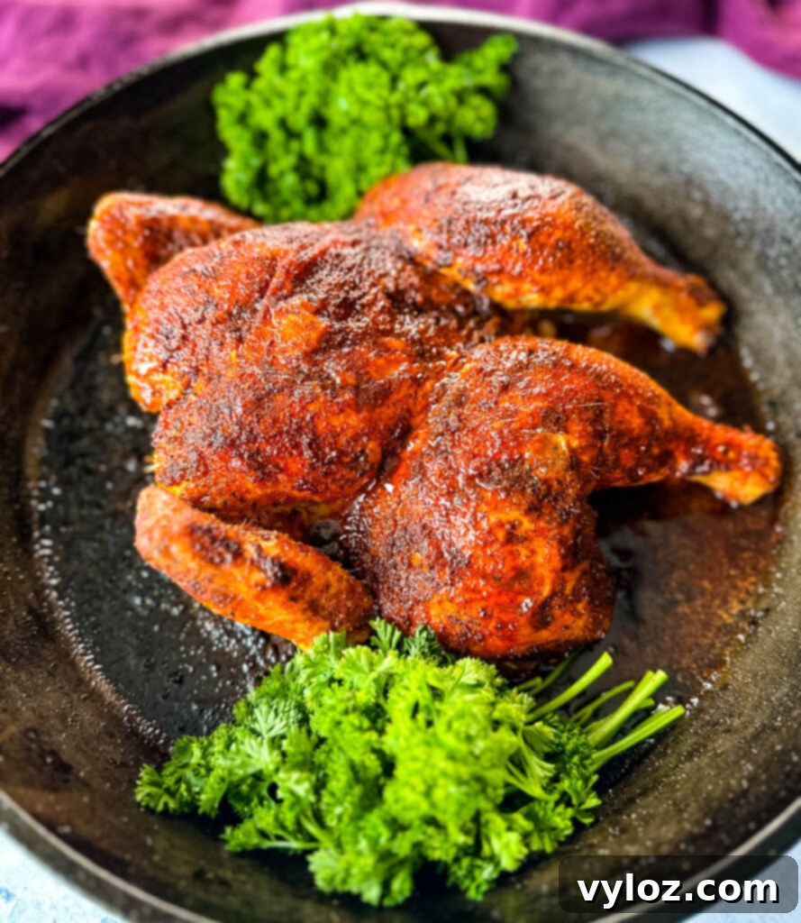 baked and roasted Thanksgiving chicken in a cast iron skillet