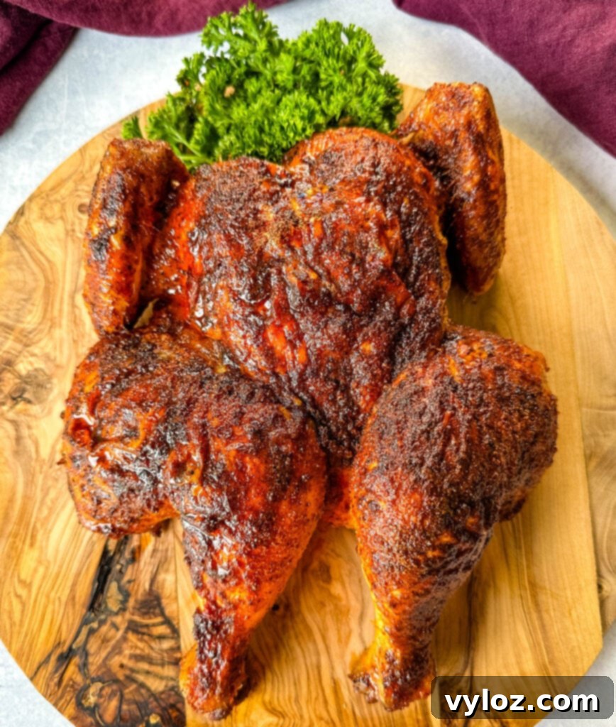baked and roasted Thanksgiving chicken on a wooden cutting board