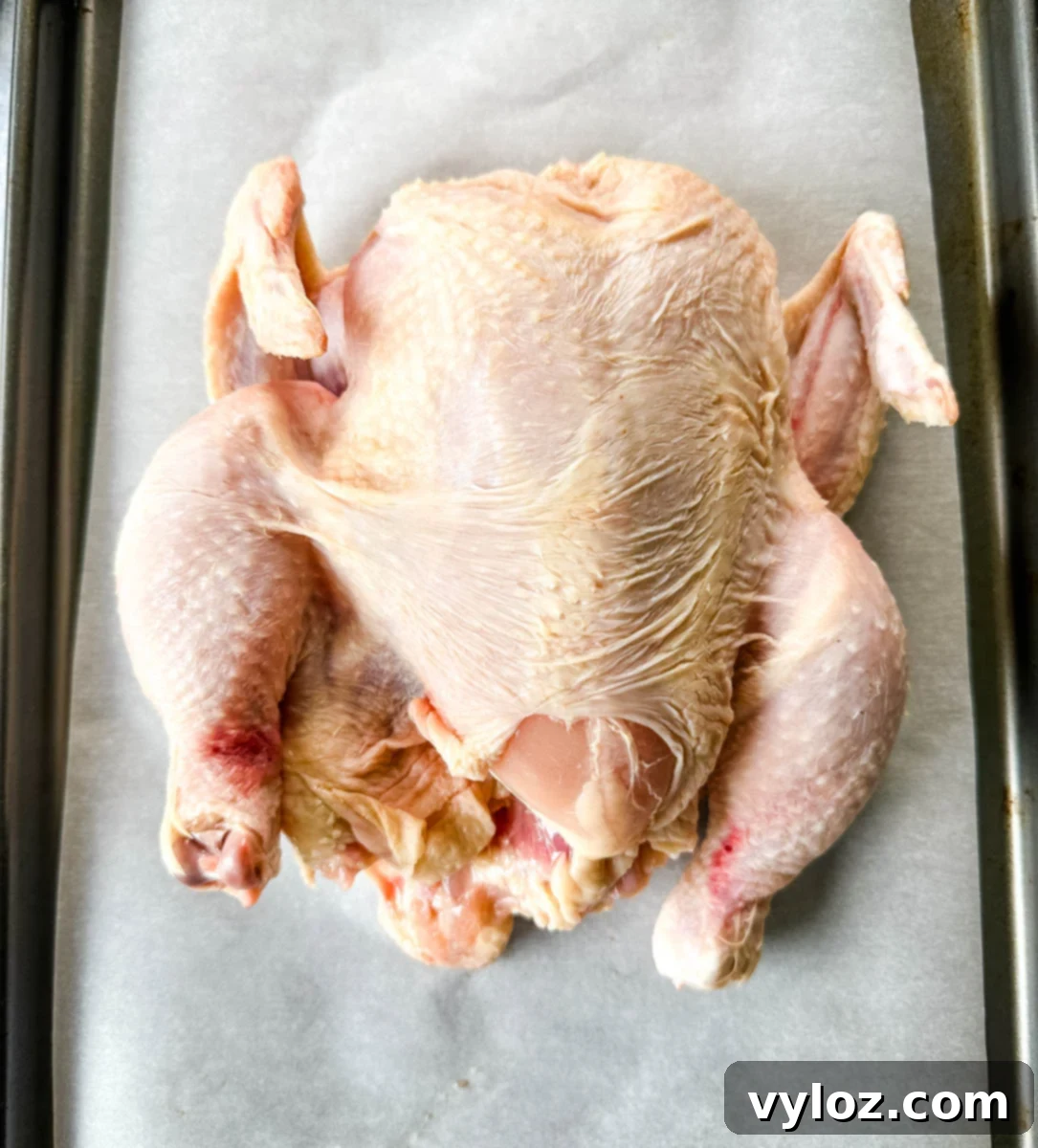 raw whole chicken on parchment paper