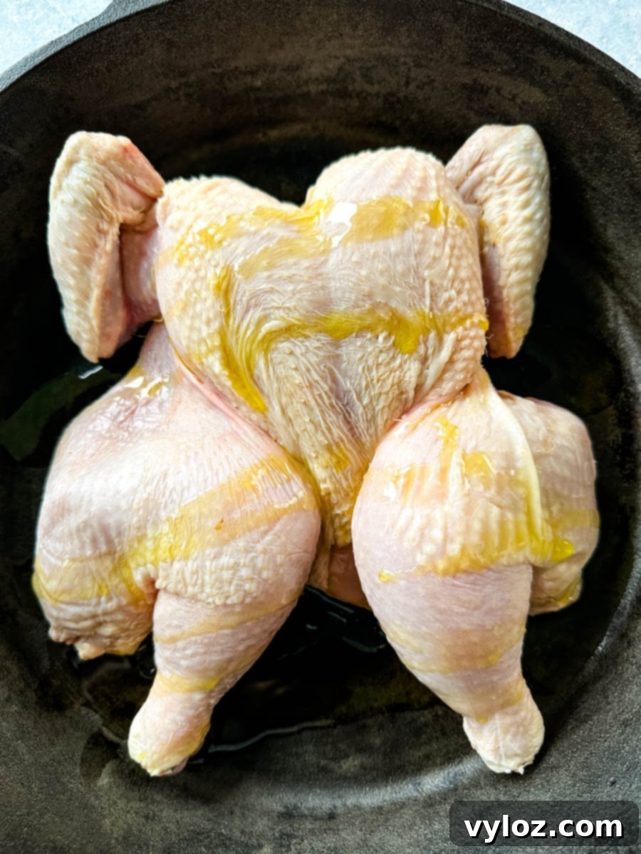 raw Thanksgiving chicken in a cast iron skillet drizzled with olive oil