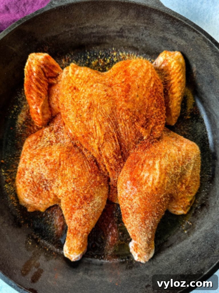 raw, seasoned Thanksgiving chicken in a cast iron skillet