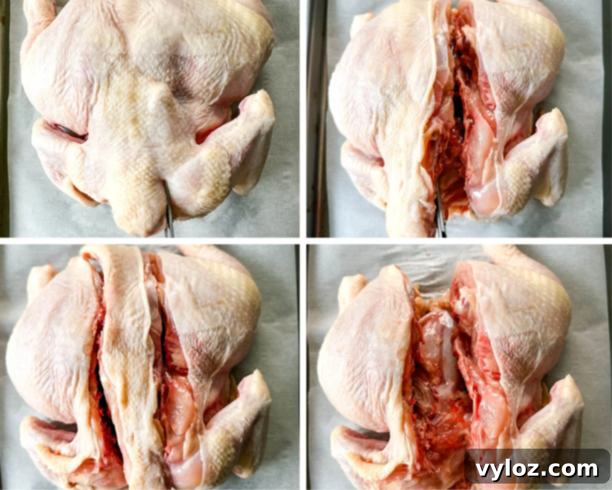 collage of 4 photos demonstrating how to remove the backbone from a chicken