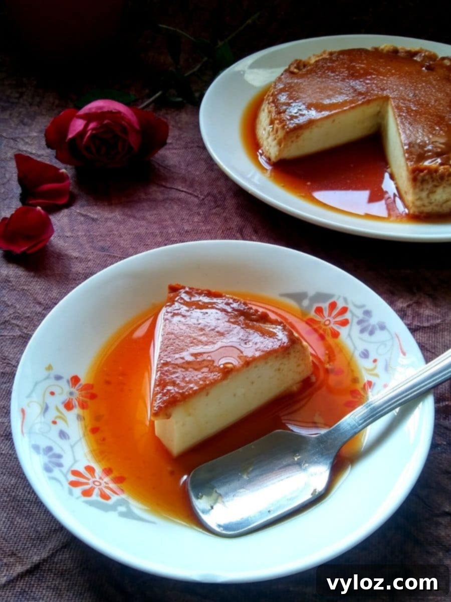 Silky Smooth Egg Custard 2 Image showing egg pudding served on two white plates.